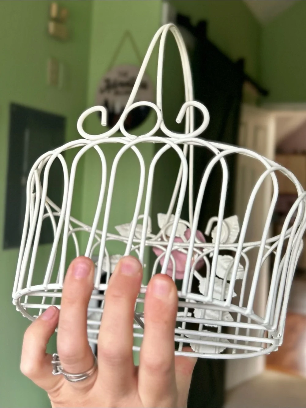 Vintage White Metal Basket With Pink and Green Floral Front